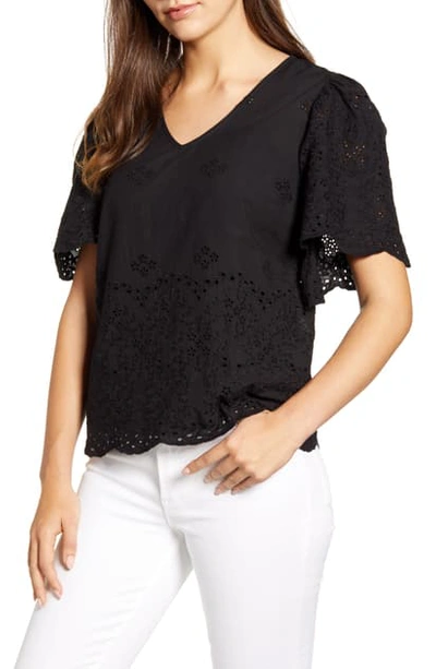B Collection By Bobeau Nyla Flutter Sleeve Cotton Eyelet Top In Black