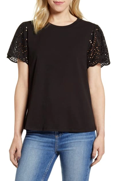 B Collection By Bobeau Eve Eyelet Flutter Sleeve Tee In Black