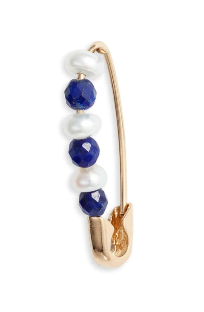 Loren Stewart Friendship Safety Pin Earring In Lapis/ Pearl/ Yellow Gold