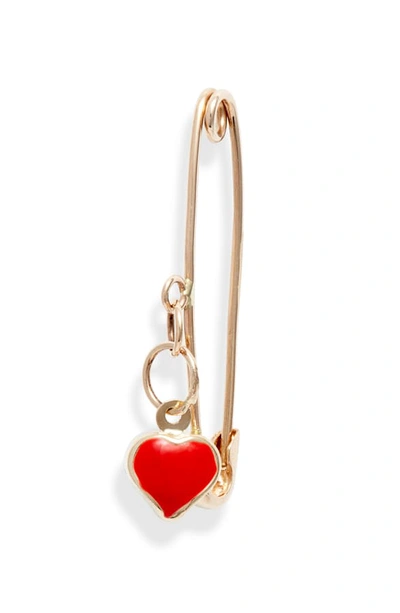Loren Stewart Friendship Enamel Heart Safety Pin Earring In Yellow Gold/ Red