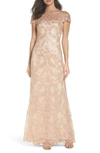 Tadashi Shoji Illusion Off-the-shoulder Lace Gown In Petal/gold