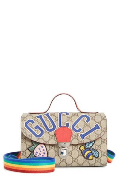 Gucci Kids' Girls' Gg Supreme Top Handle Shoulder Bag W/ Assorted Logo Patches In Nero/ Vrv