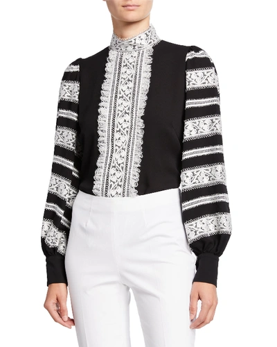 Andrew Gn Lace-trim Long-sleeve Silk Blouse In Black/white