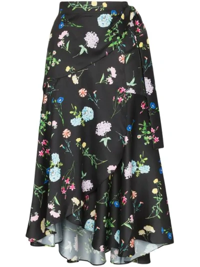 Paper London Fresia Floral-print Satin Midi Skirt In Black