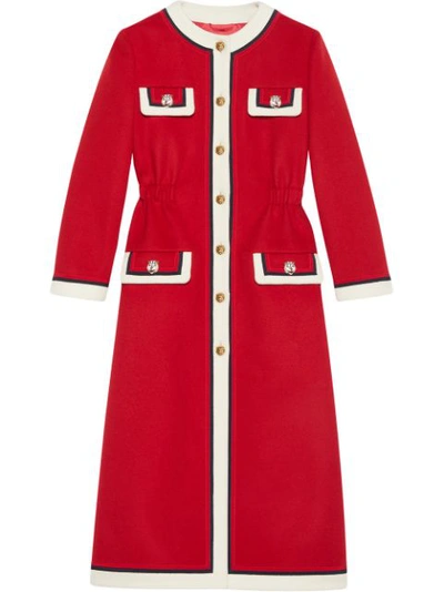 Gucci Long-sleeve Contrast Tiger Head Midi Coat In 6482 Red