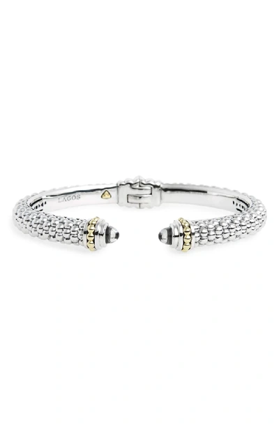 Lagos Sterling Silver & 18k Yellow Gold Slim Caviar Cuff Bracelet With White Topaz In White/silver