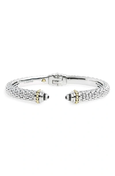Lagos Sterling Silver & 18k Yellow Gold Slim Caviar Cuff Bracelet With White Topaz In Silver/pearl