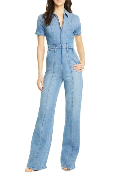 Alice And Olivia Gorgeous Wide-leg Fitted Denim Zip Jumpsuit In Love Me