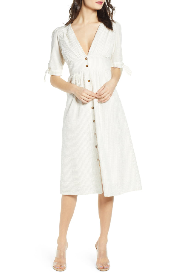 Vero Moda Mila Seersucker Tie-sleeve Midi Dress In Snow White/ Oatmeal  Stripes | ModeSens