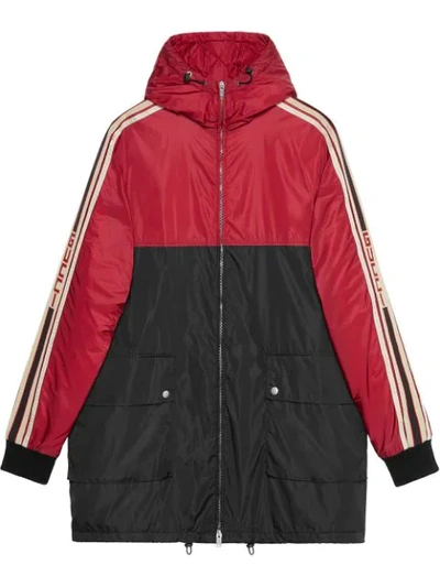 Gucci Quilted Lining Hooded Parka Jacket In Black And Red