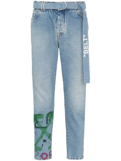 Off-white Slim-fit Tapered Belted Spray-painted Denim Jeans In Blue