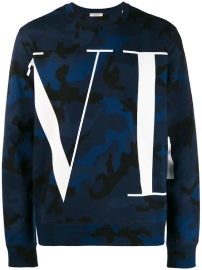 Valentino Logo And Camouflage-print Loopback Cotton-blend Jersey Sweatshirt In Blue