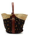 Chloé Panier Leather-trimmed Printed Twill And Woven Raffia Tote In Black