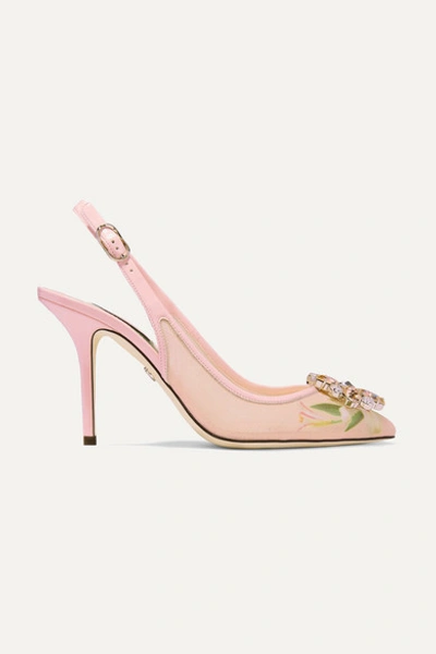 Dolce & Gabbana Swarovski Crystal-embellished Patent Leather-trimmed Floral-print Mesh Slingback Pumps In Lily/pink