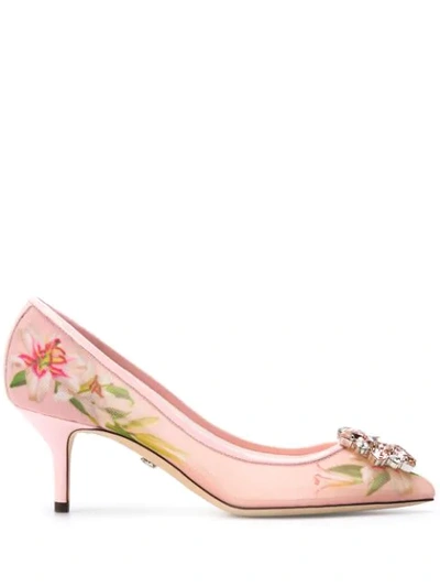 Dolce & Gabbana Crystal-embellished Patent Leather-trimmed Floral-print Mesh Pumps In Pink