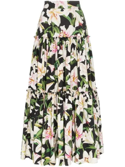 Dolce & Gabbana Tiered Floral-print Cotton-poplin Maxi Skirt In Black