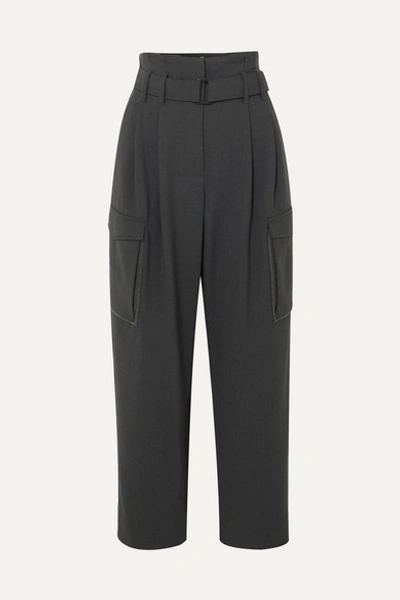 Brunello Cucinelli Cropped Belted Bead-embellished Wool-blend Wide-leg Pants In Dark Gray