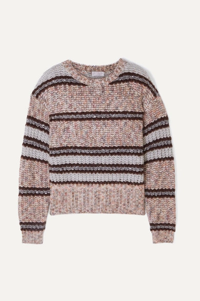 Brunello Cucinelli Sequin-embellished Striped Chunky-knit Sweater In Caribou