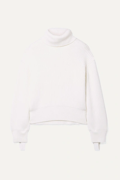 Helmut Lang Oversized Canvas-trimmed Ribbed Wool And Cotton-blend Turtleneck Sweater In Ivory