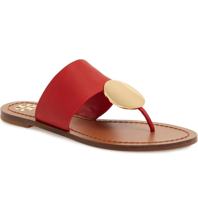 Tory Burch Women's Patos Disc Leather Thong Sandals In Brilliant Red/ Gold