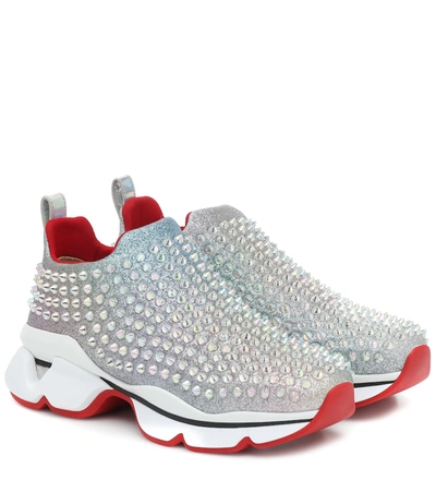 Christian Louboutin Spiky Sock Crystal-studded Neoprene Trainers In Silver