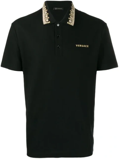 Versace Men's Pique Polo Shirt With Embroidered Collar In Black