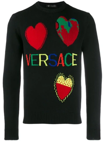 Versace Intarsia-heart Motifs Wool Sweater In Black,red,yellow