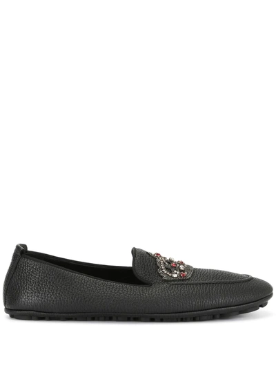 Dolce & Gabbana Calfskin Slippers With Crown Embroidery In Black