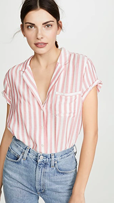Paige Stripe Button Up Short Sleeve Shirt In Watermelon