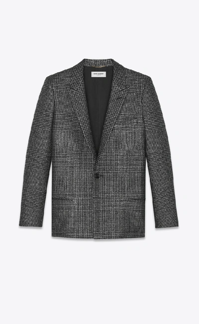 Saint Laurent Shimmer Glen Plaid Oversize Blazer In Argento