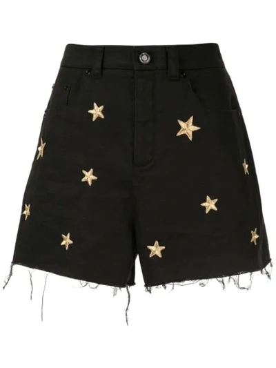 Saint Laurent Star Embroidered Denim Shorts In Black