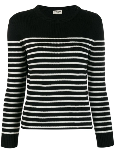 Saint Laurent Button-embellished Striped Cotton And Wool-blend Sweater In Black