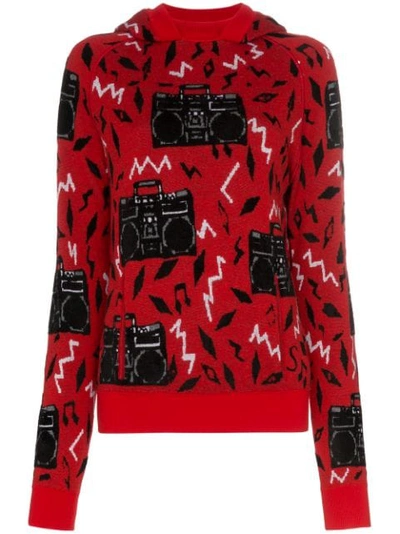 Saint Laurent Radio Intarsia Hooded Wool Blend Sweater In Red