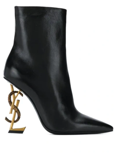 Saint Laurent Opyum Logo Heel Pointed Boots In Black
