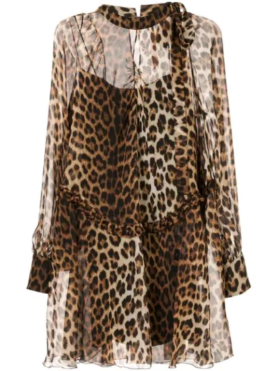 N°21 Leopard Tie-neck Blouson-sleeve Keyhole Mini Silk Dress In Brown