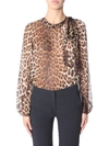 N°21 Leopard Silk Blouson-sleeve Neck-tie Blouse In Beige