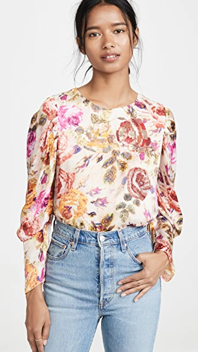 Kobi Halperin Hailee Floral Jewel-neck Puff-sleeve Blouse In Stone Multi