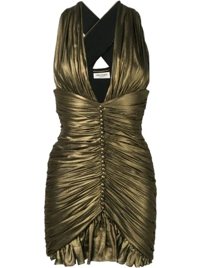 Saint Laurent Gold Gathered Dress In Crepe Chiffon