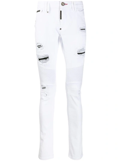 Philipp Plein Distressed Biker Skinny Jeans In White