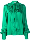 Msgm Ruffled Pussy-bow Satin Blouse In Bottle Green