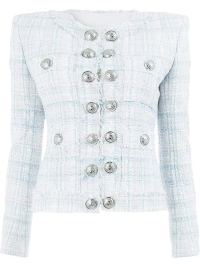 Balmain Blue, White And Silver Tweed Jacket In Pink