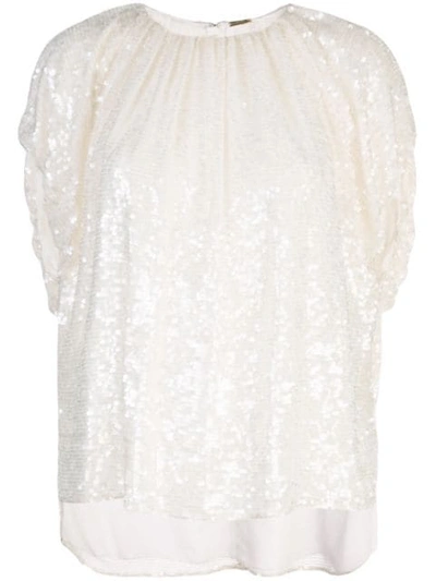 Adam Lippes Sequined Shirred-neck Blouse In White