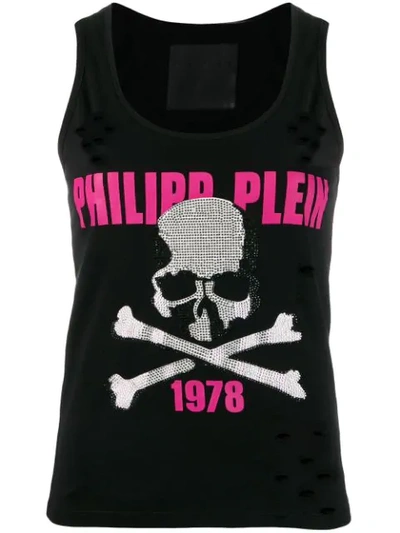 Philipp Plein Crystal-embellished Distressed Tank Top In Black