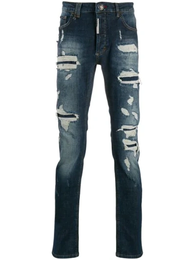 Philipp Plein Destroyed Straight Cut Jeans In Blue