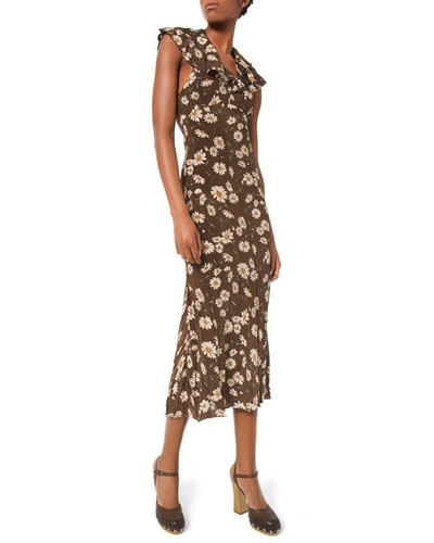 Michael Kors Daisy-print Crushed Ruffle Dress In Brown Pattern