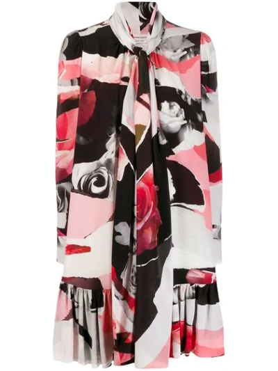 Alexander Mcqueen Torn Rose-print Crepe De Chine Tie-neck Dress In Pink