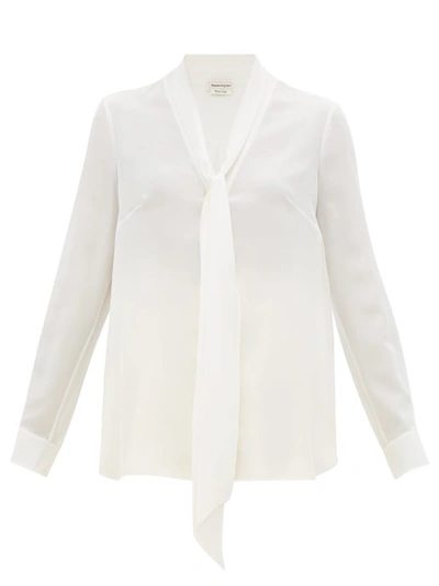 Alexander Mcqueen Silk Ruffled-front V-neck Blouse In White