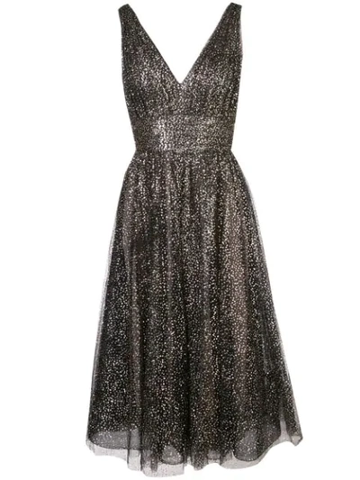 Marchesa Notte Glitter Tulle Tea Length Gown In Black