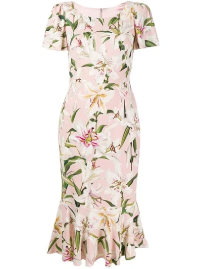 Dolce & Gabbana Lily Print Flutter Sleeve Bodycon Dress In Light Pink Lily