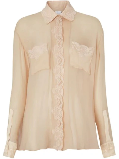 Burberry Lace-trim Silk Chiffon Button-front Shirt In Soft Peach